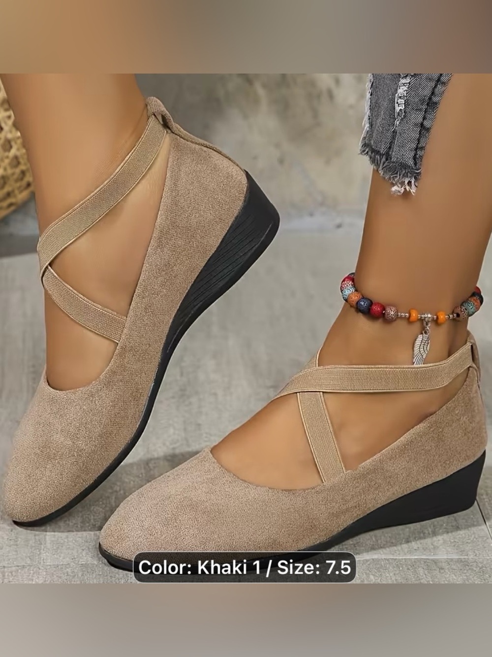 Khaki Suede Crisscross Comfort Wedge - Women's Shoes